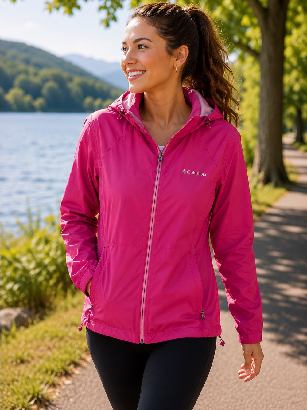 Columbia Bright Pink Lightweight Hooded Rain Jacket Windbreaker Medium